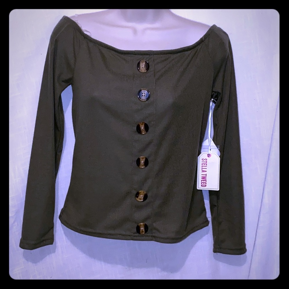 Stella Tweed olive green long sleeve top.   NWT